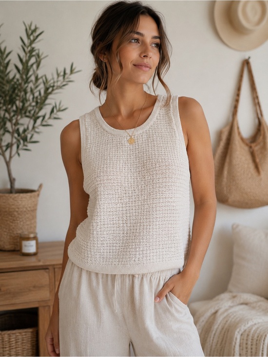 Lucky Brand Tops - Lucky Brand Cream Crochet Knit Sweater Tank Top XL Boho Coastal Minimalist